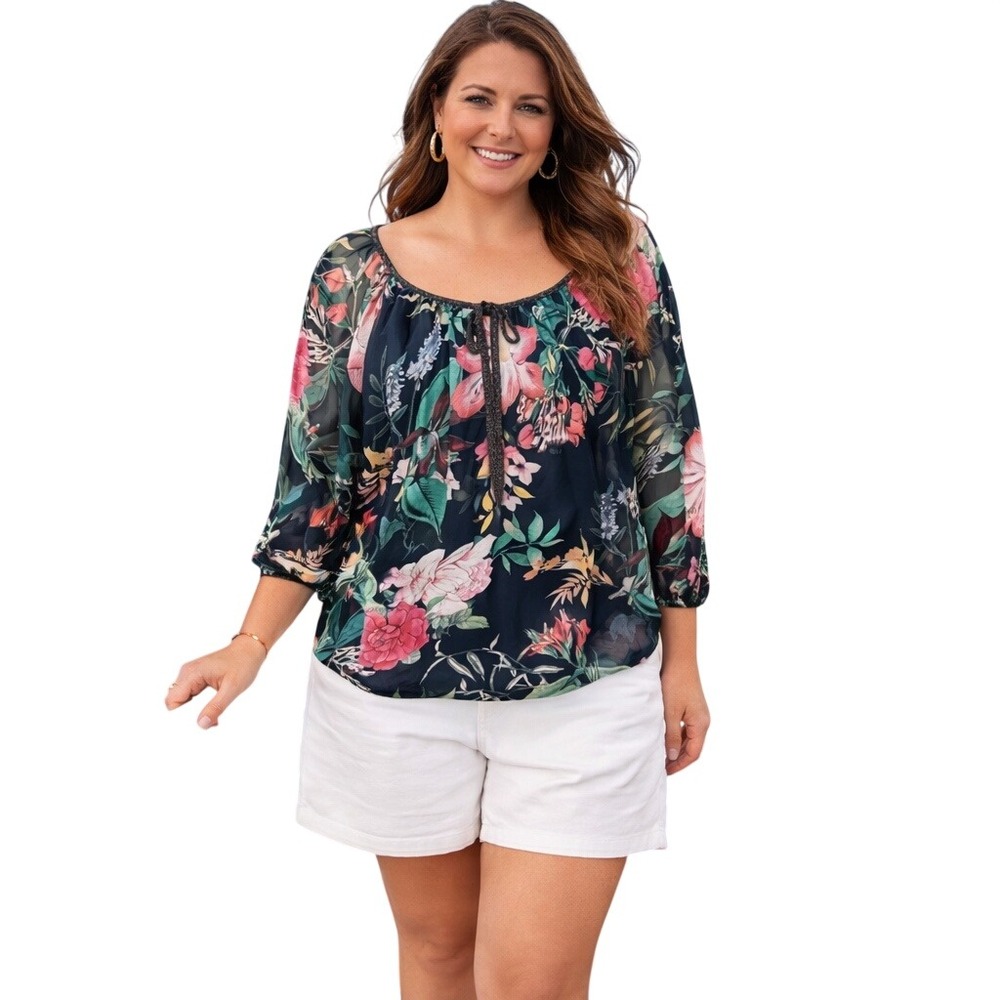 Micky Italy 100% Silk Womens Scoop Neck Floral‎ Pheasant Blouse Top Size Large